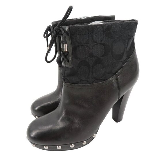 Coach Ediva 8 B Black Logo Canvas Leather Silver Stud Platform Ankle Boots Shoes - Picture 1 of 14